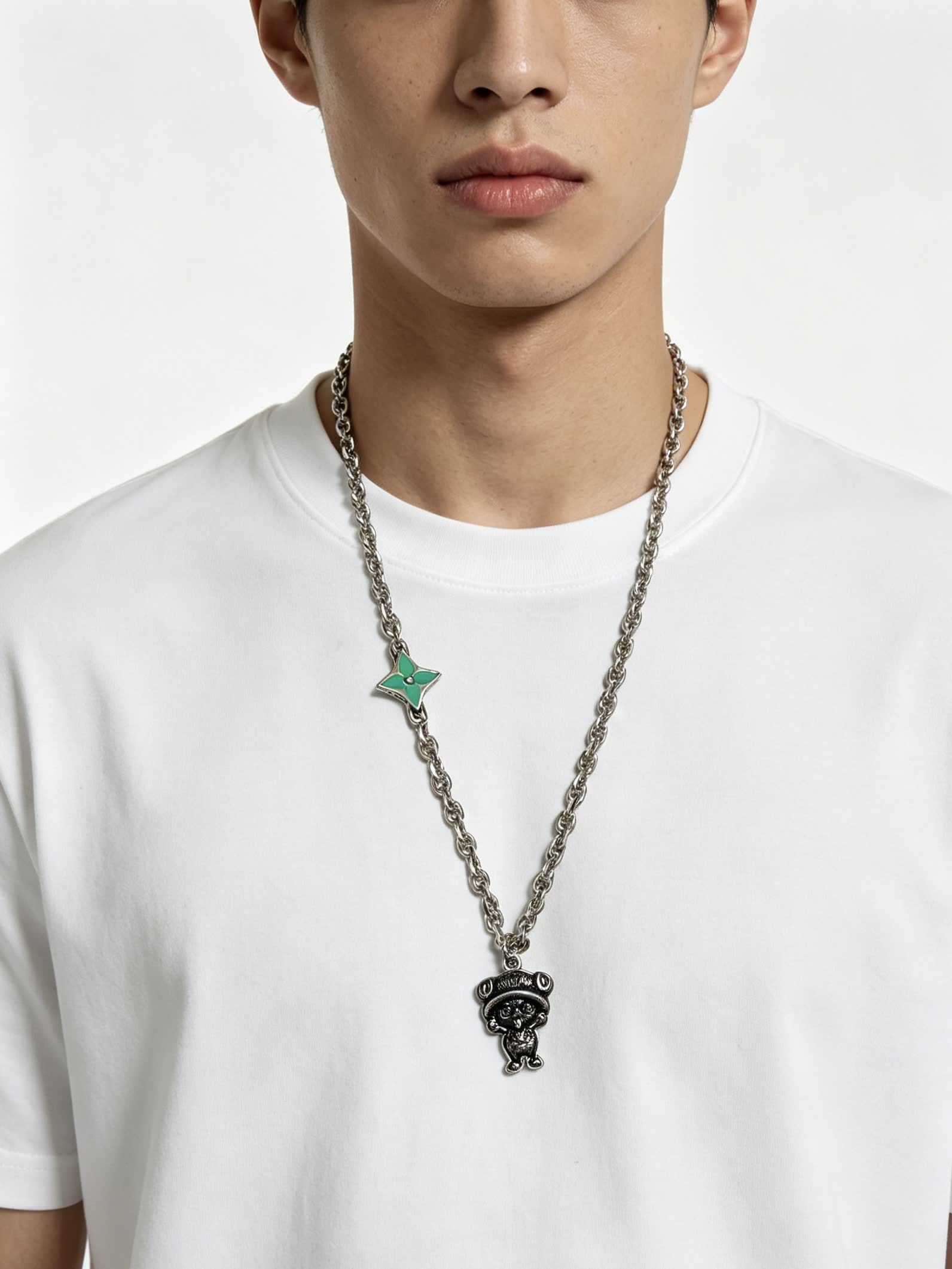 Louis Vuitton Silver Tone Necklace with Green Enamel and Monogram Bear Charm
